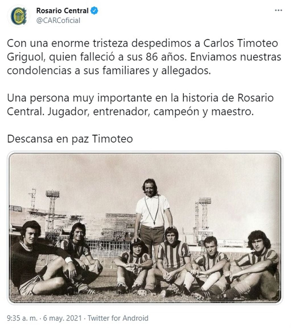 Rosario Central homenajeó a Carlos Timoteo Griguol tras su fallecimiento. (@carcoficial)