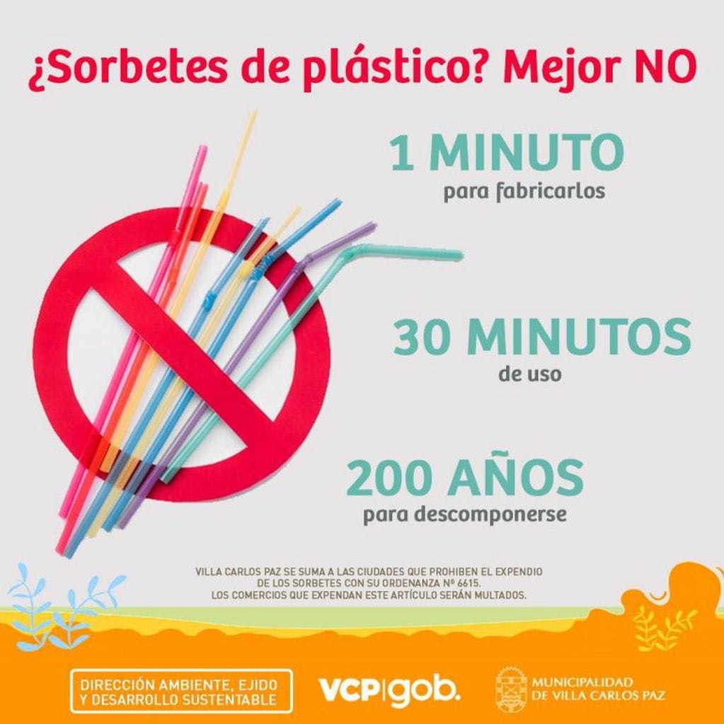 Se prohíbe el uso de sorbetes de un solo uso en Carlos Paz