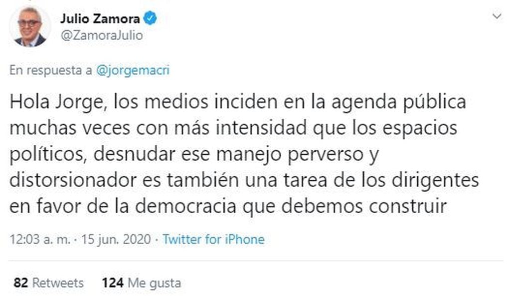 El tuit del intendente de Tigre, Julio Zamora.