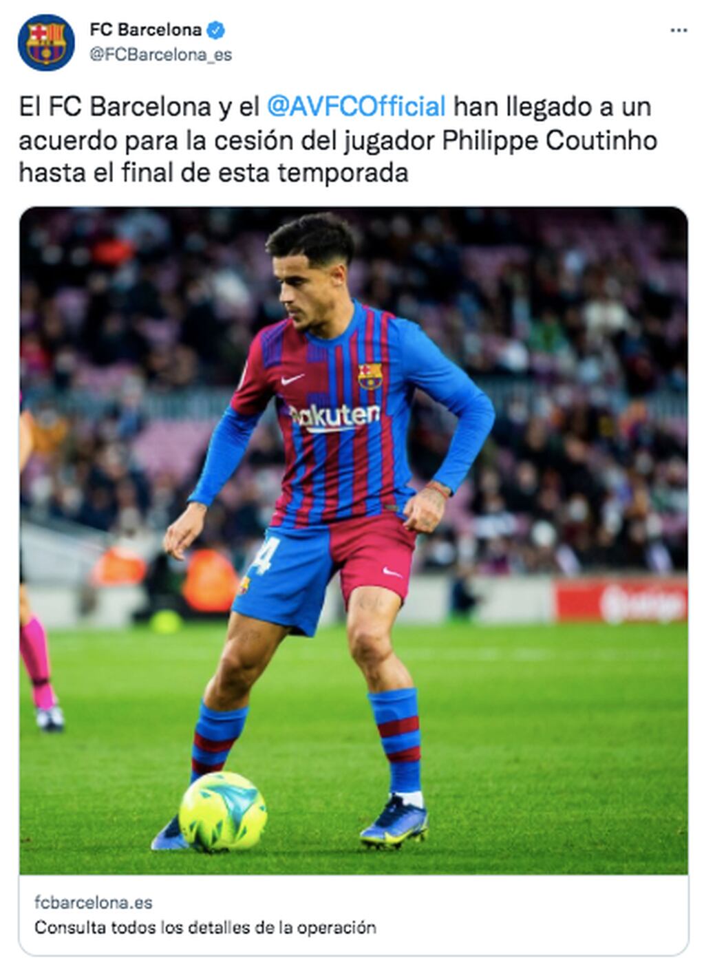 Barcelona anunció el préstamo de Philippe Coutinho a Aston Villa.