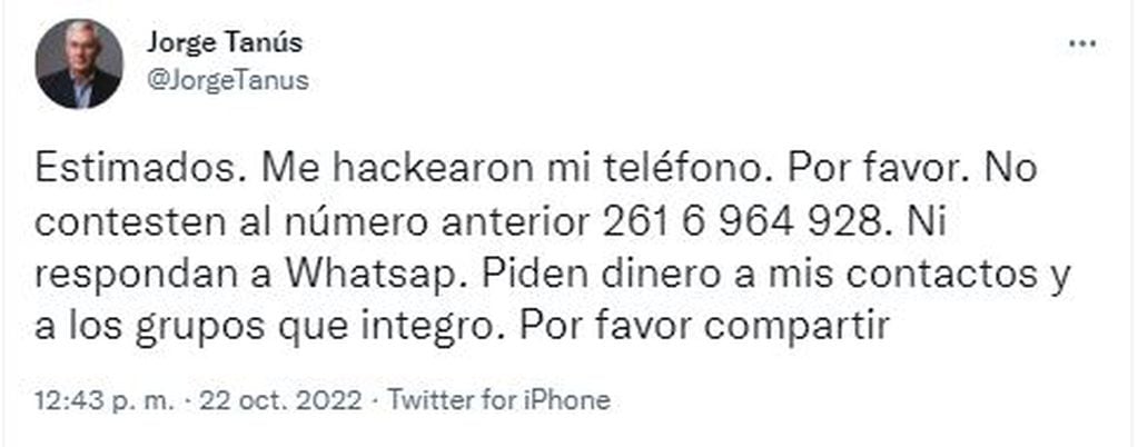 El twitter de Jorge Tanús alertando a sus contactos, tras el hackeo.