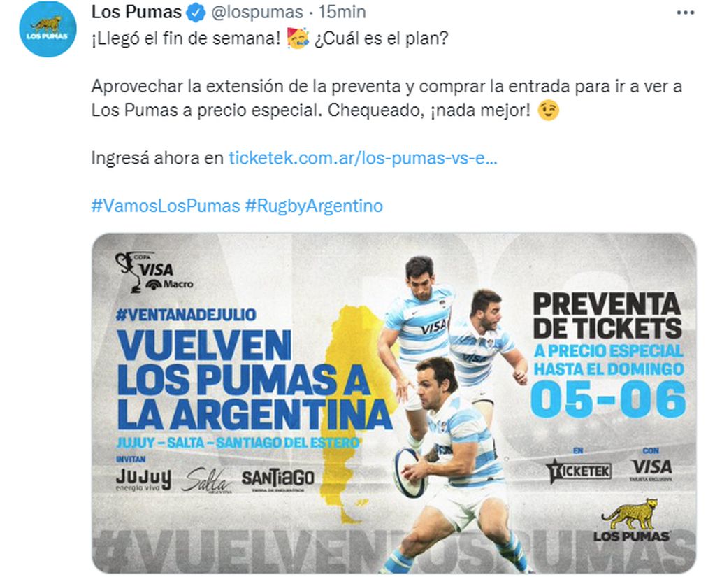 Venta de entradas para ver a Los Pumas en Argentina.