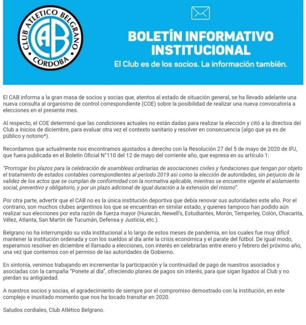 Comunicado elecciones. Belgrano de Córdoba