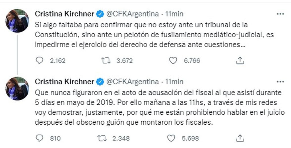El tuit de Cristina Kirchner tras los alegatos finales del fiscal, quien pidió 12 años de prisión para la vicepresidenta.