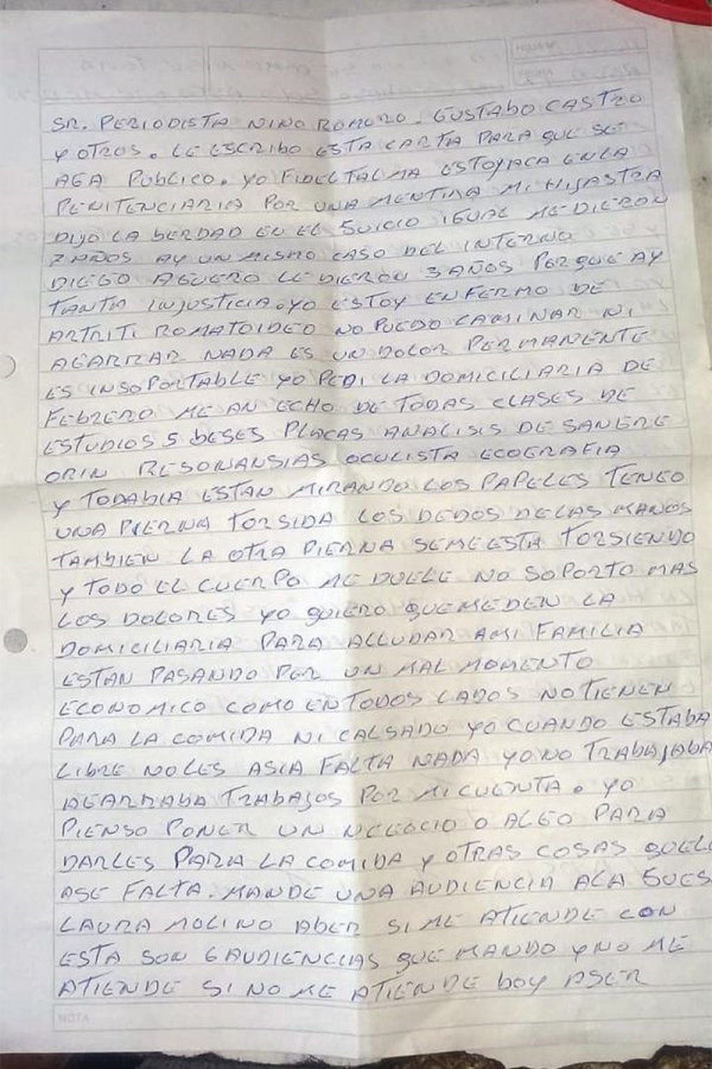 Carta del interno Fidel Talma