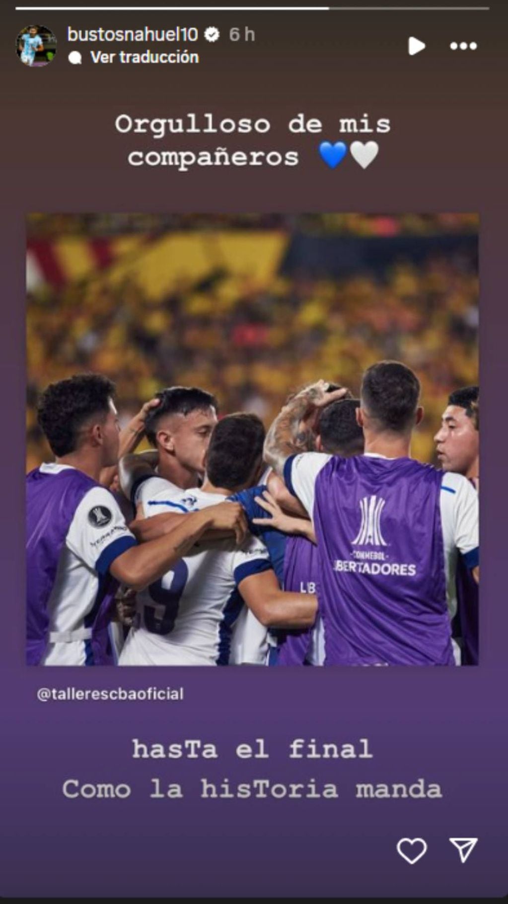 Nahuel Bustos hizo una publicación luego del empate 2-2 ante Barcelona de Ecuador, por la Copa Libertadores. (Captura de pantalla)