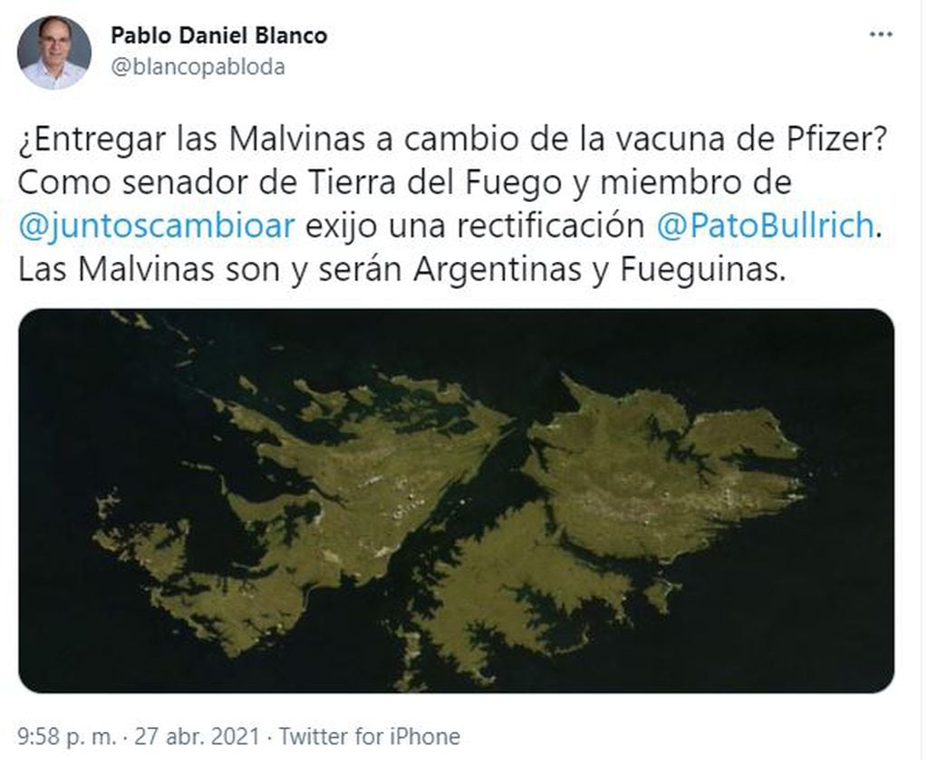 El senador fueguino Pablo Daniel Blanco criticó a Patricia Bullrich tras sugerir un intercambio entre las islas Malvinas y vacunas contra el COVID-19. Twitter/blancopabloda