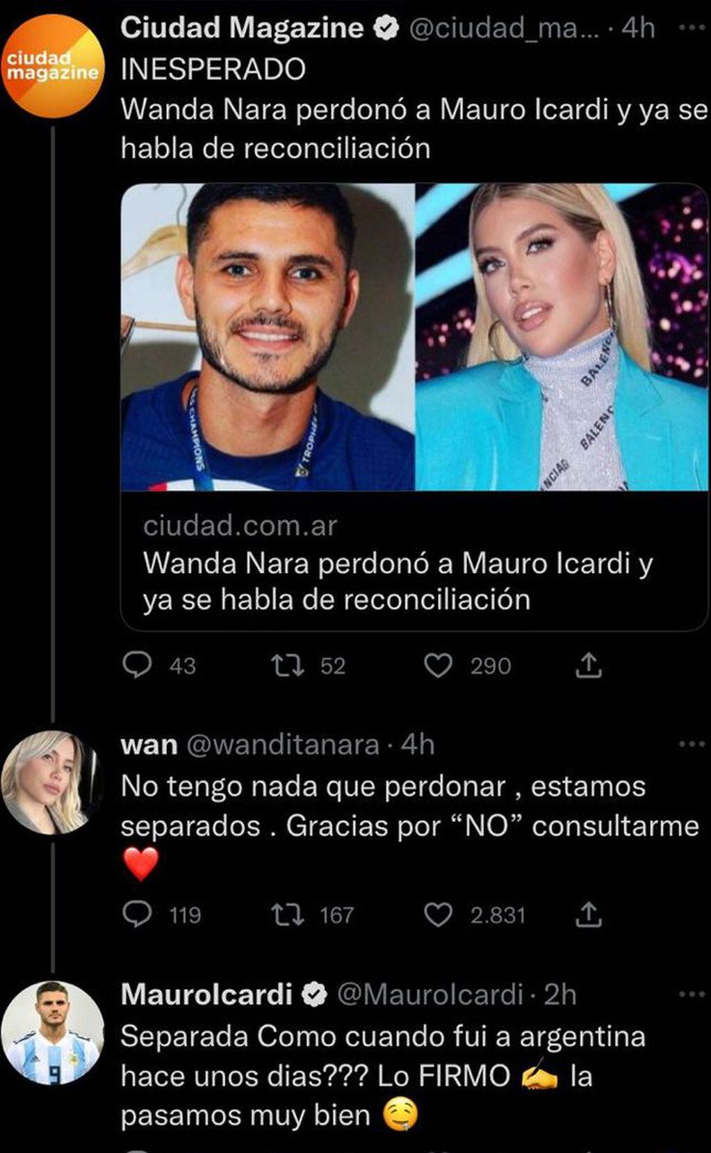 El curioso intercambio entre Wanda Nara y Mauro Icardi en Twitter.