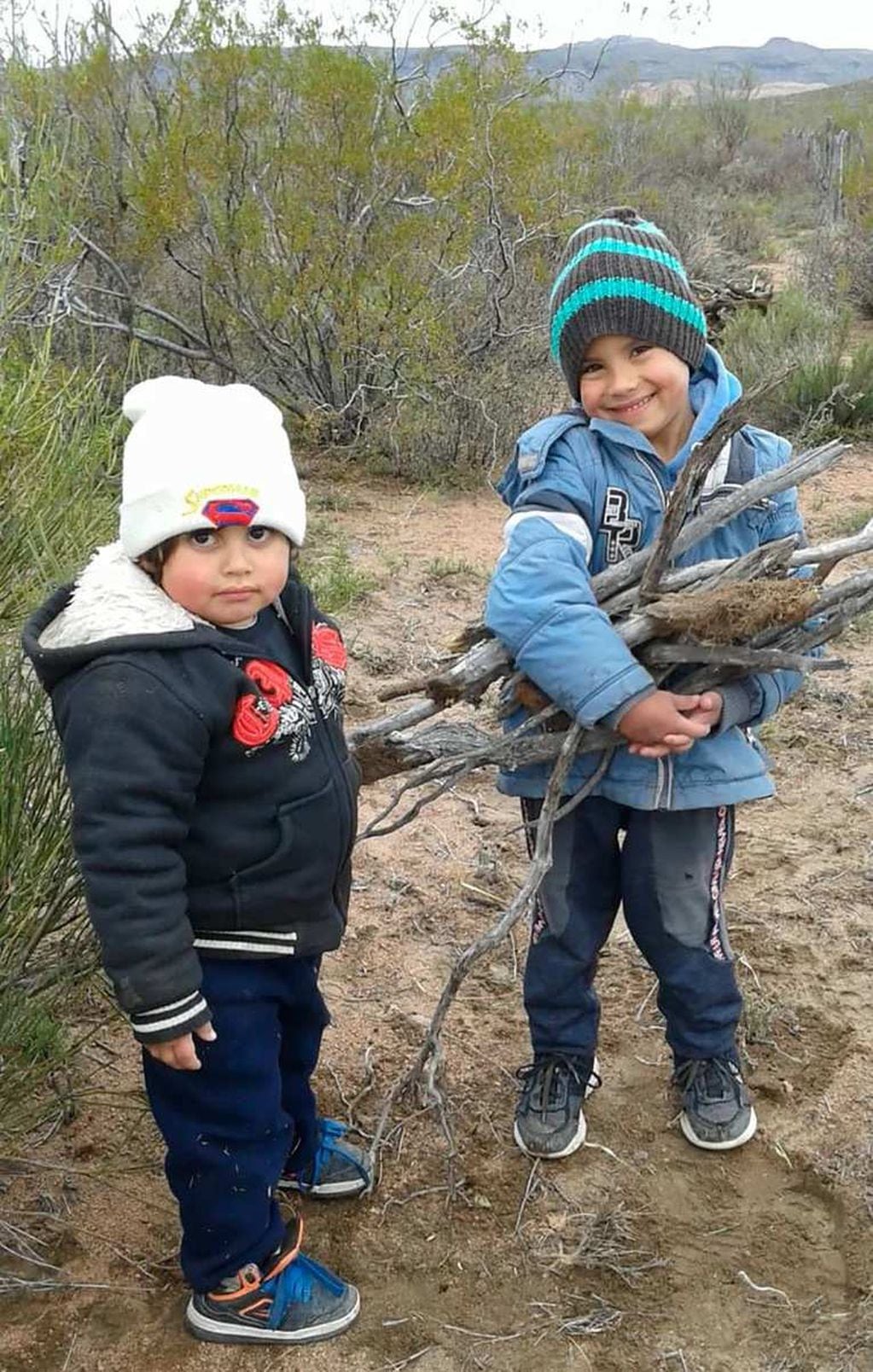 Damir junto a su hermano menor, Axel, juntado leña en el campo.