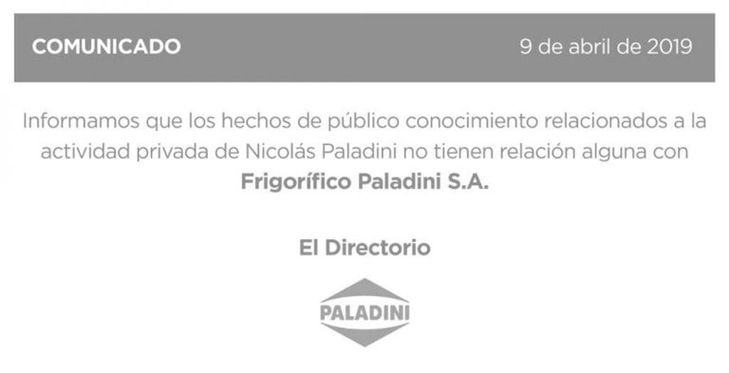 Comunicado del Frigorífico Paladini por la denuncia de Afip contra Nicolás Paladini. (Paladini)