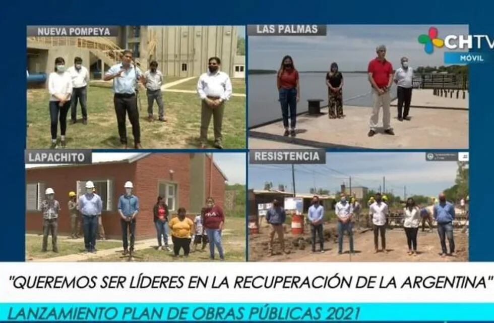 Capitanich presentando en simultáneo con distintas localidades del Chaco el Plan de Obras Públicas 2021. (Foto: Gentileza Chaco TV)