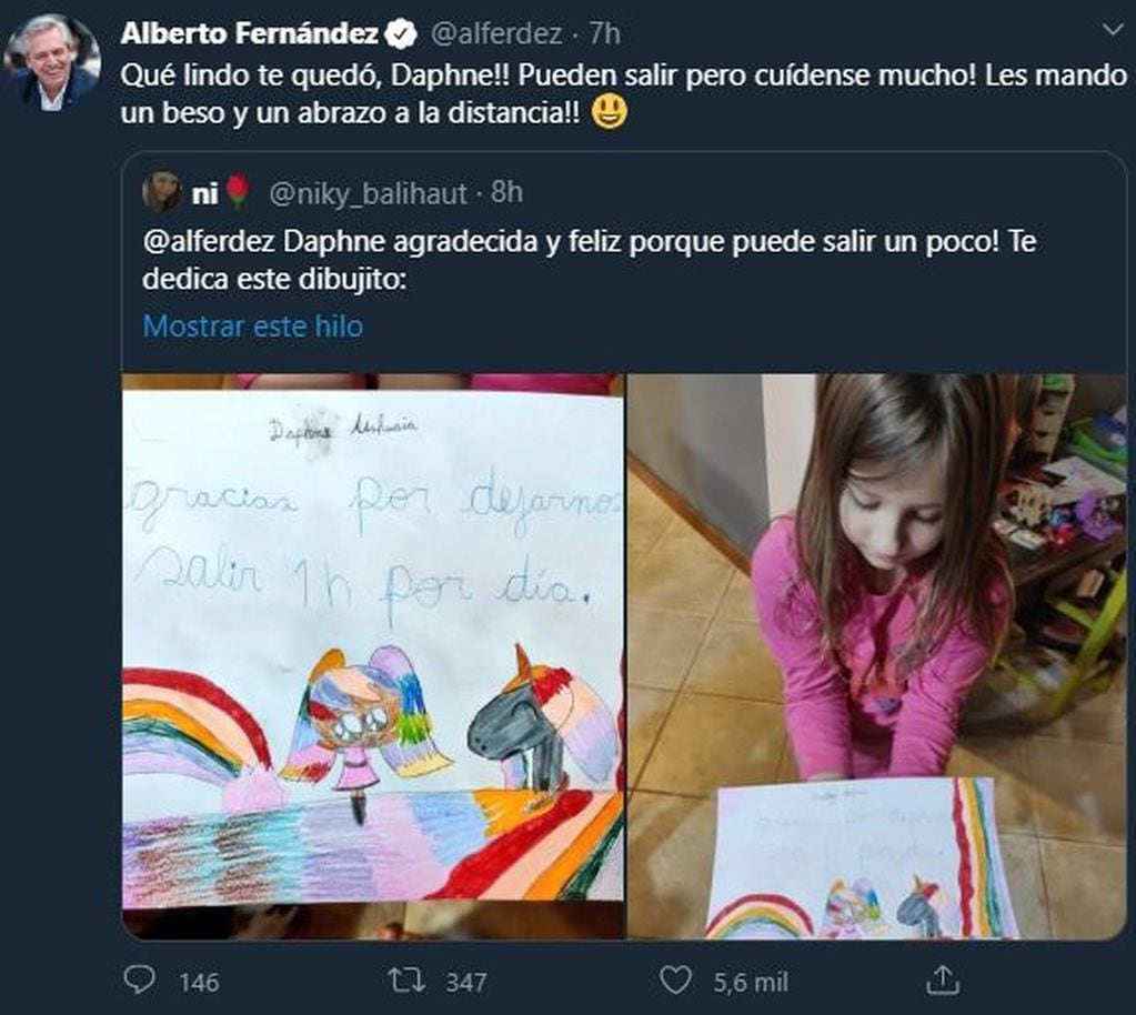 Alberto Fernández respondió y agradeció mensajes y dibujos publicados por niños (Foto: Twitter)