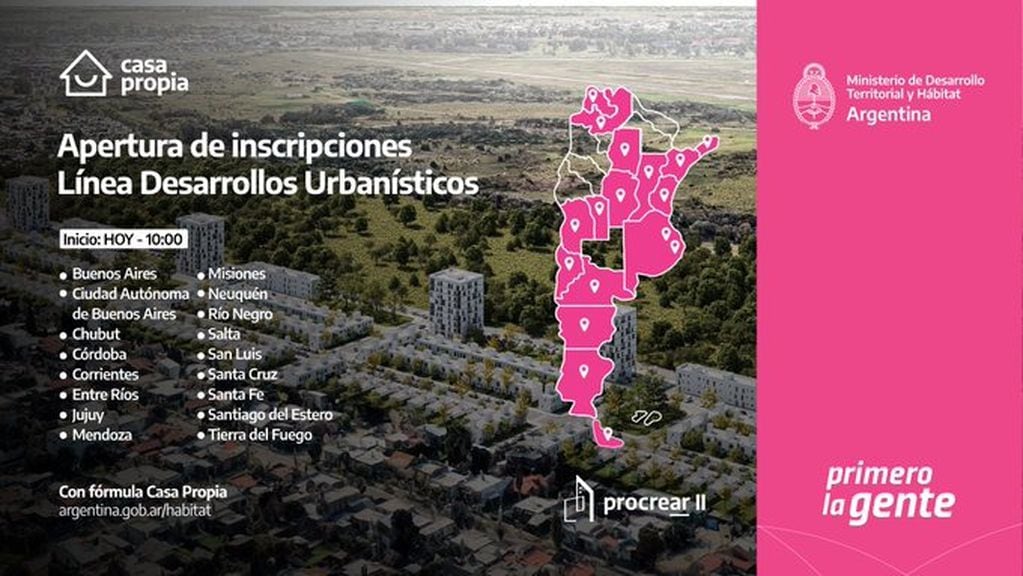 Abrieron las inscripciones para 635 viviendas en 37 Desarrollos Urbanísticos Procrear II, de 17 provincias en todo el país.
