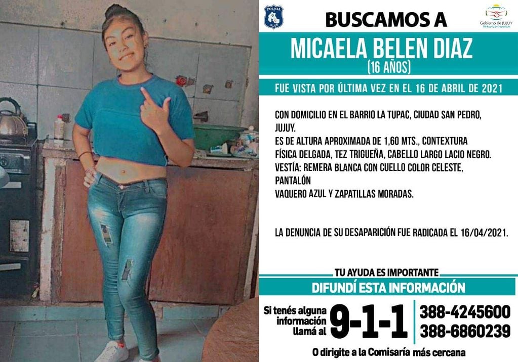 La publicación de la Policía provincial referida a la búsqueda de la menor Micaela Belén Díaz, de San Pedro de Jujuy.