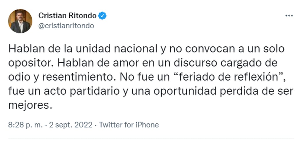 El presidente del bloque del PRO a través de Twitter, luego del atentado contra Cristina Kirchner.