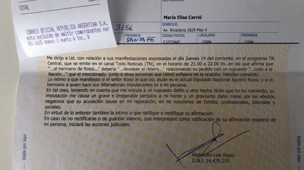 Carta documento de Alejandro Rossi a Elisa Carrió. (@fratachorossi)