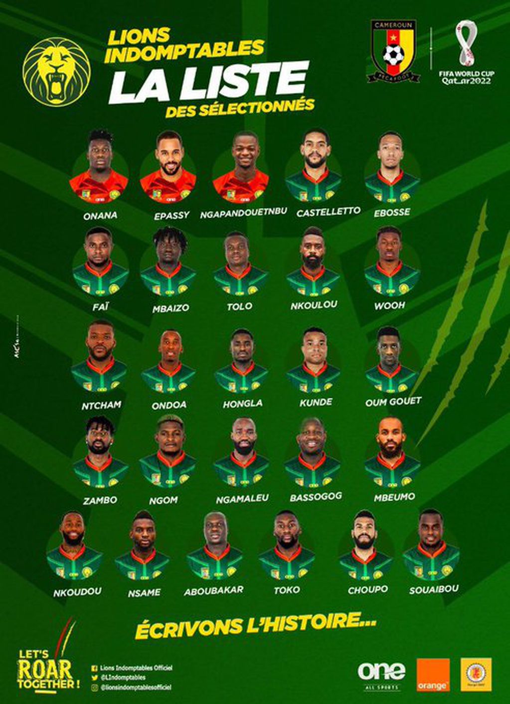 La lista de Camerún para el Mundial de Qatar 2022.