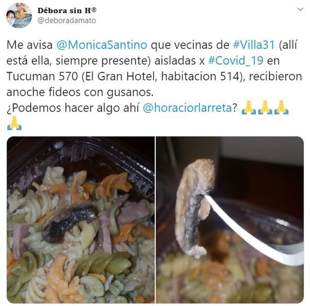 Es falso que el Gobierno porteño reparte fideos con gusanos en la Villa 31: tienen champiñones. (Twitter/@deboradamato)