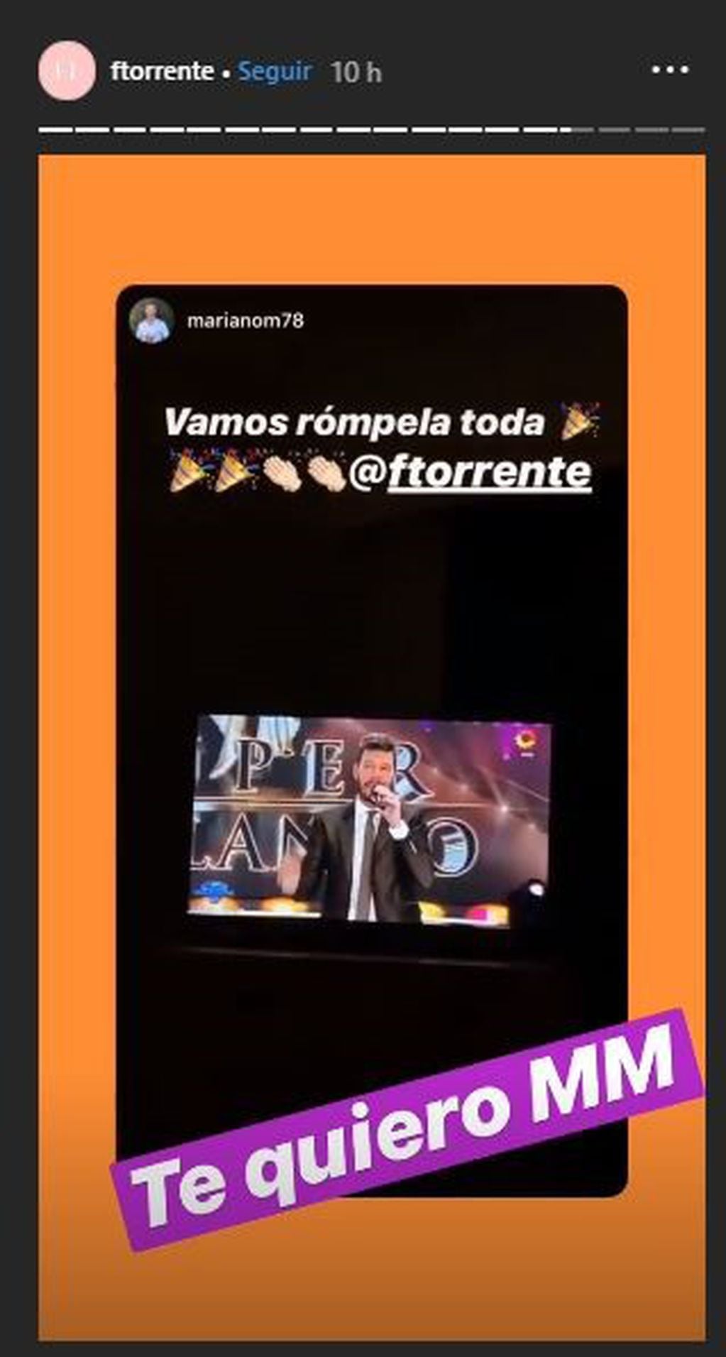 Mariano Martínez se mostró mirando Showmatch y le deseó mucha suerte a Flor Torrente en su debut (Instagram/ ftorrente)