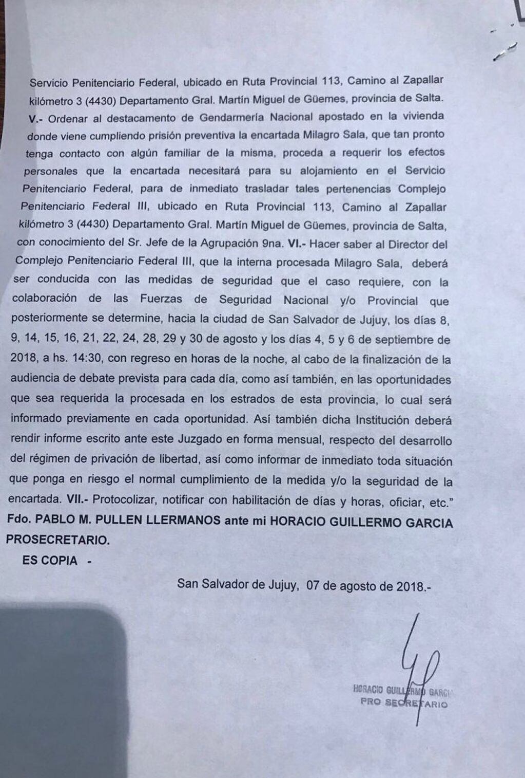 Resolución segunda parte para traslado de Milagro Sala a una cárcel federal en Salta
