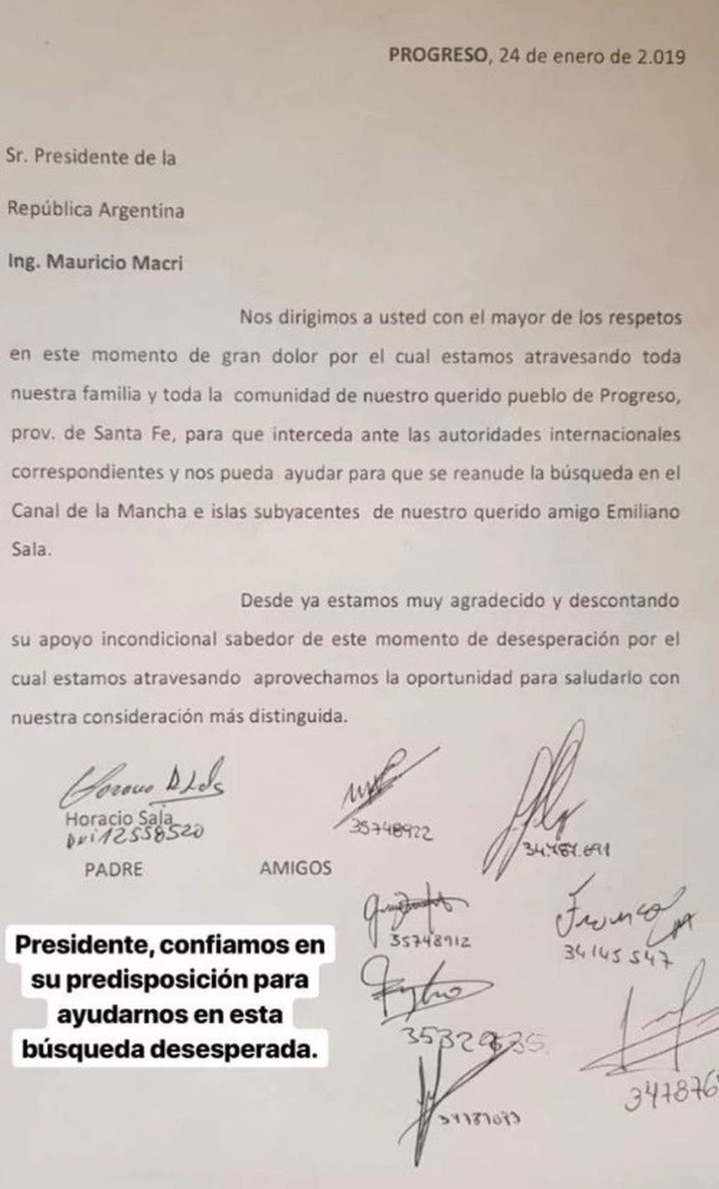 La familia y amigos de Emiliano Sala le escribieron a Mauricio Macri. (Instagram)