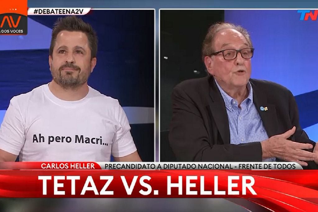 Martín Tetaz y su remera "Ah, pero Macri", con la que protagonizó un debate con Carlos Heller en A Dos Voces (TN).