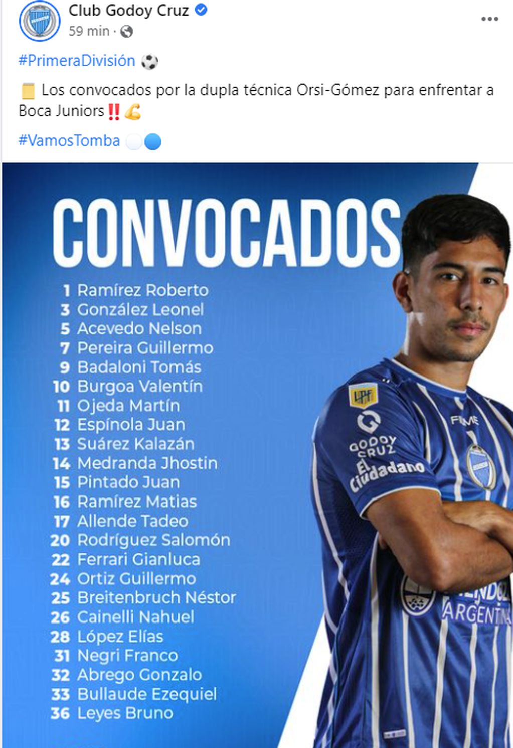 La lista de los jugadores de Godoy Cruz para enfrentar este miércoles a Boca Juniors.