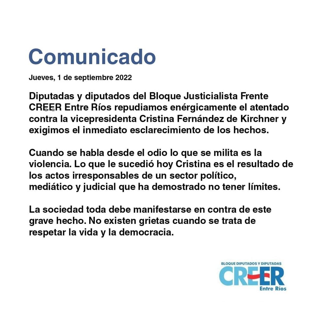 Comunicado del Bloque de diputados y diputadas CREER Entre Ríos.