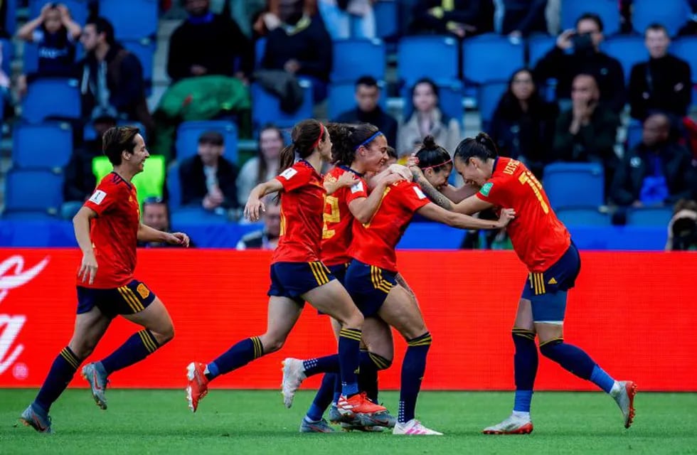 .. Le Havre (France), 08/06/2019.- Spain's Jennifer Hermoso celebrates scoring the third goal during the preliminary round match between Spain and South Africa at the FIFA Women's World Cup 2019 in Le Havre, France, 08 June 2019. (Mundial de Fútbol, Francia, Sudáfrica, España) EFE/EPA/PETER POWELL .