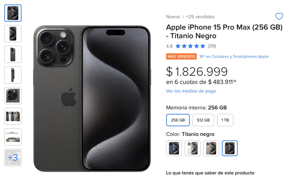 Precio del iPhone 15 Pro Max de 256GB en Argentina.