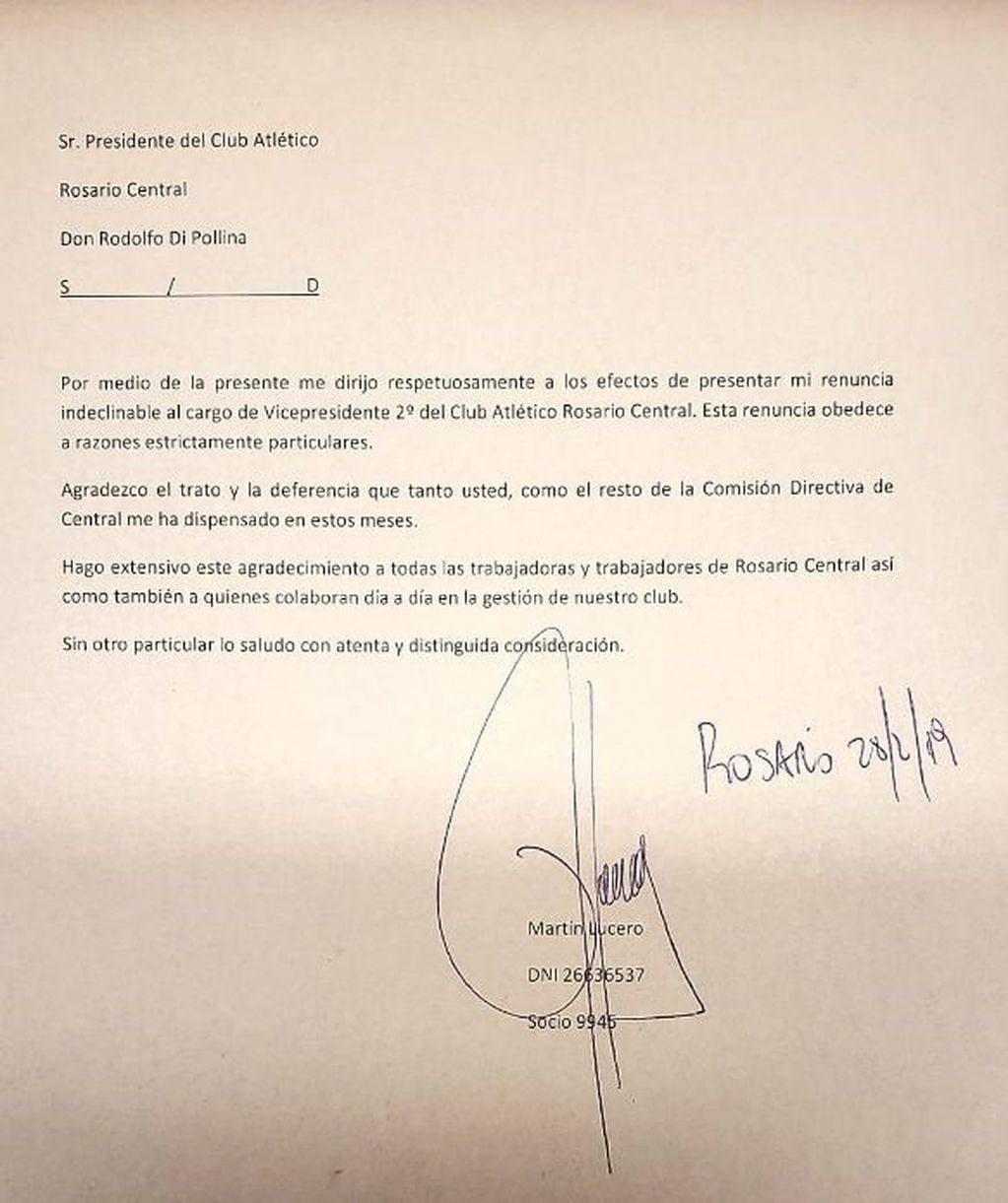 Carta de renuncia de martín Lucero a la vicepresidencia de Central.