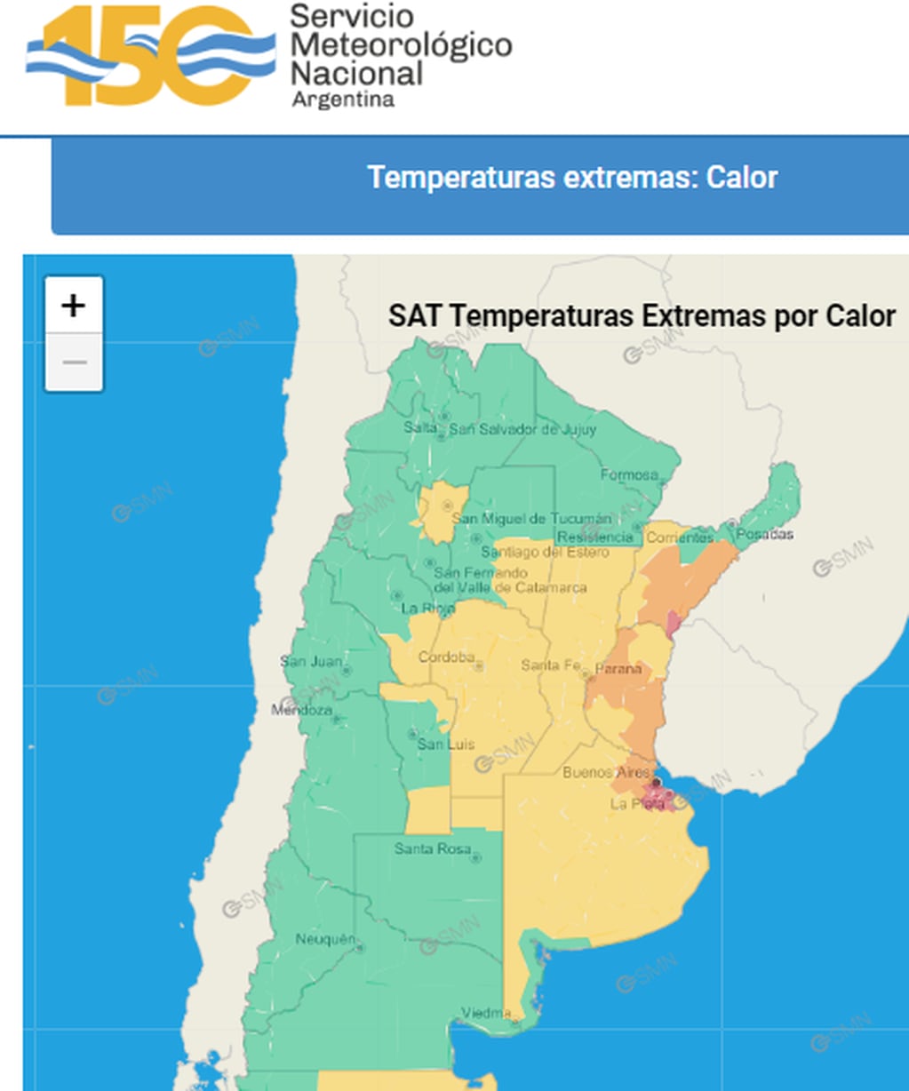 Córdoba. El SMN mantiene una alerta amarilla por altas temperaturas (Captura).