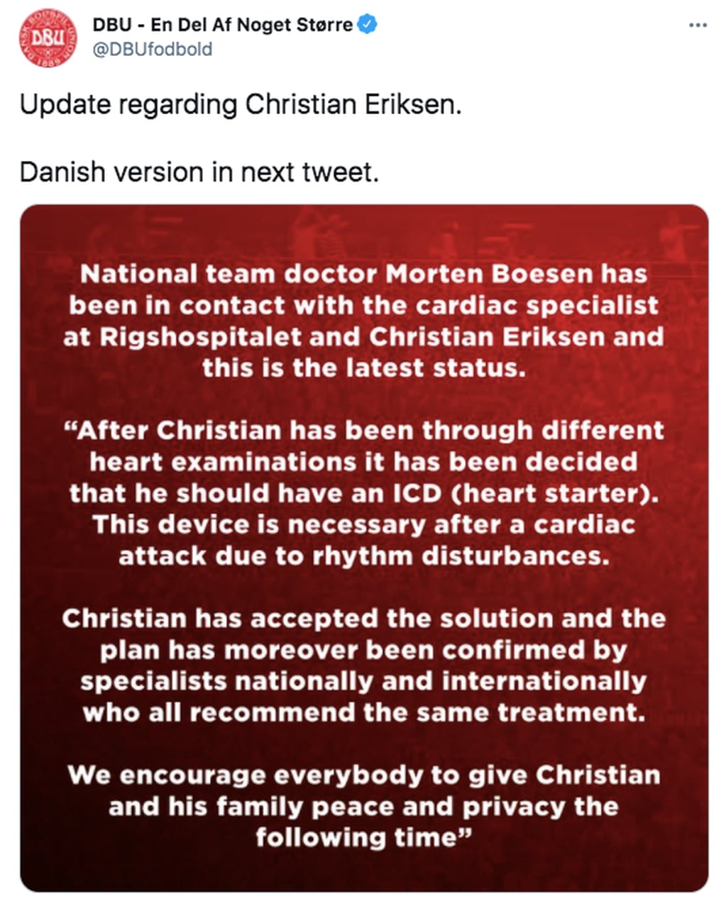El comunicado de la Federación Danesa de Fútbol sobre el caso de Christian Eriksen.
