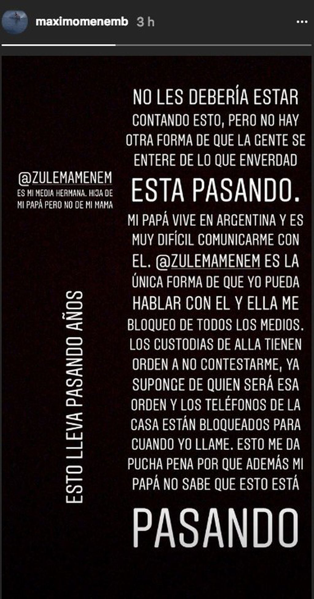 El mensaje de Máximo Menem sobre Zulemita hace siete meses