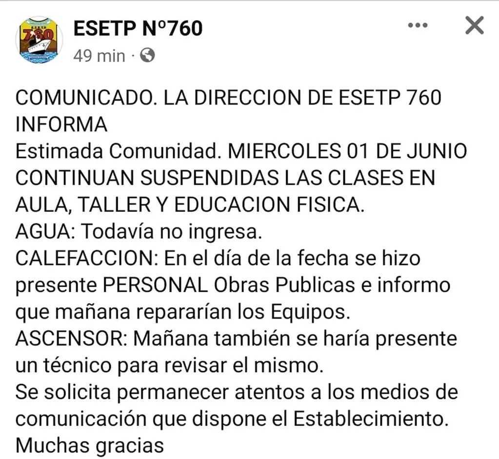 Suspendieron las clases en varias escuelas de Comodoro Rivadavia por falta de calefacción, ascensores y agua.