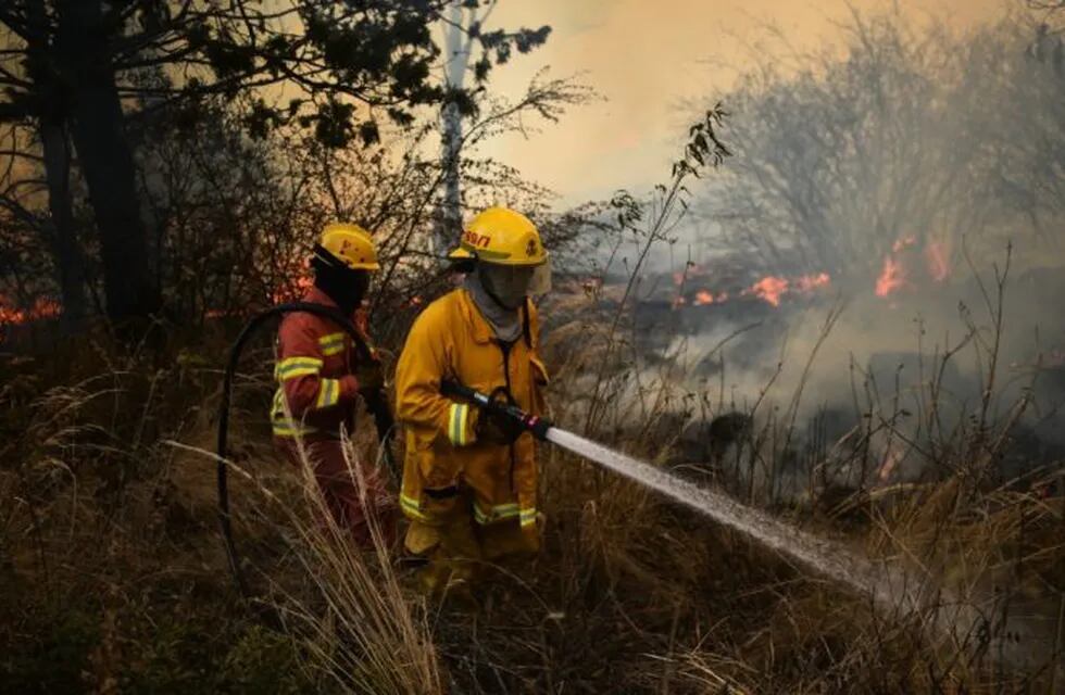 Bomberos combaten el fuego en la zona de Bosque Alegre para evitar que llegue a viviendas.