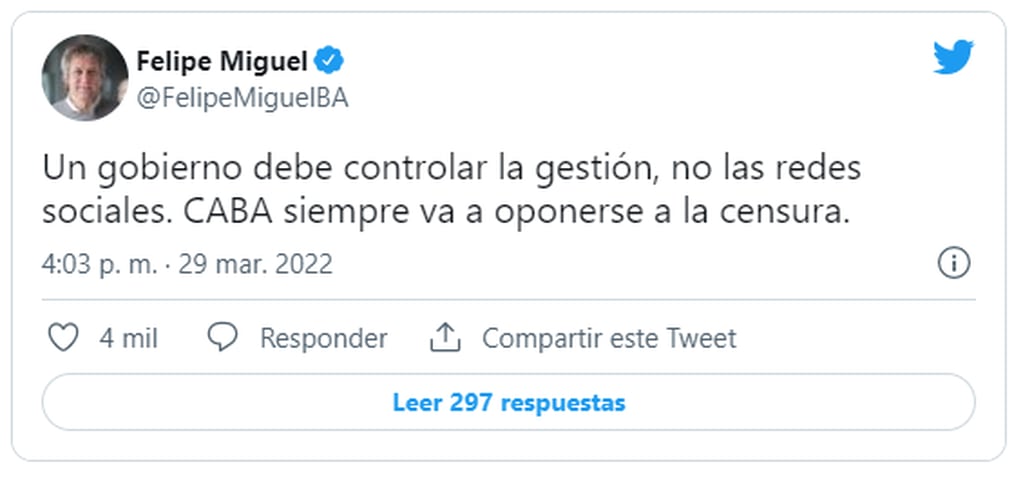 Felipe Miguel se mostró en contra de lo que él denominó como "censura".