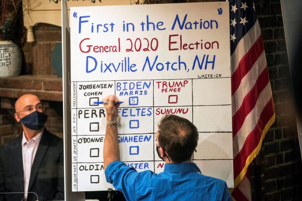 Un hombre cuenta los cincos votos, pasada la medianoche, en Dixville Notch (AP Photo/Scott Eisen)