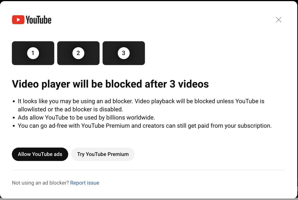 Este fue el cartel que comenzó a aparecer en la pantalla de algunos usuarios que utilizan Adblock para ver videos en Youtube.