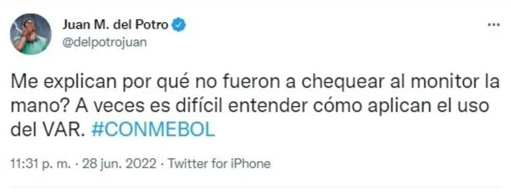 El tuit de Juan Martín Del Potro por el penal que no le dieron a Boca.