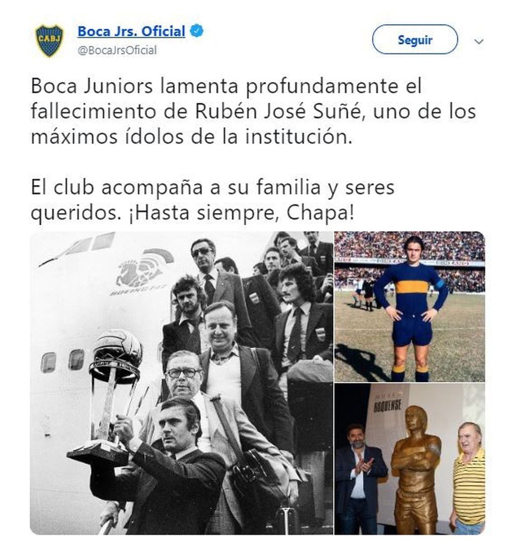 El mensaje de Boca Juniors por el fallecimiento de Rubén 'Chapa' Suñé. (Foto: Twitter/BocaJrsOficial)