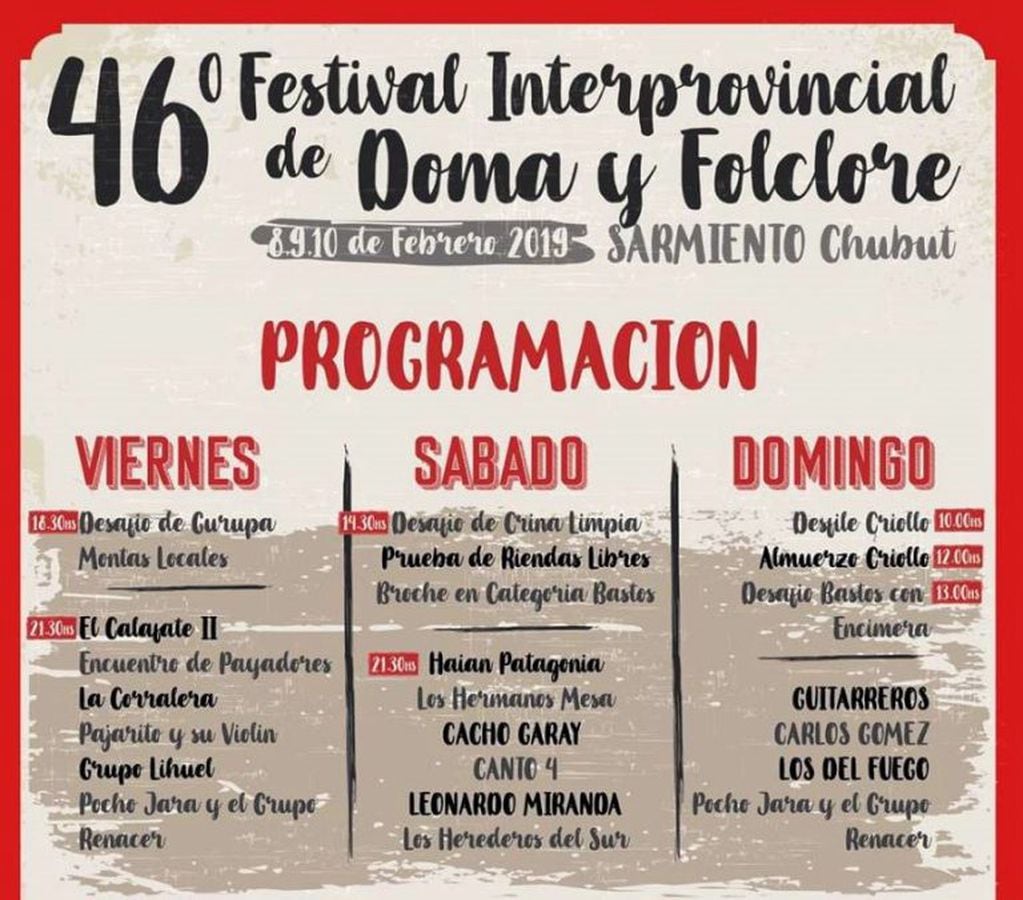 Se llevará a cabo en Sarmiento la “46ª Fiesta de la Doma y Folklore”.