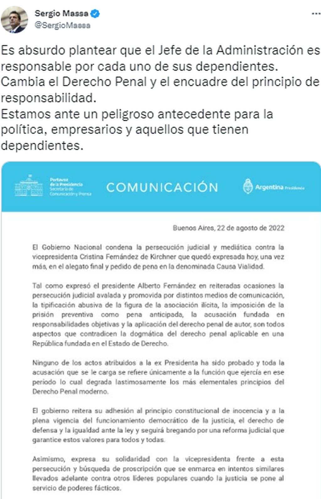 El tuit de Sergio Massa cuando se conoció el pedido de condena contra Cristina Kirchner.