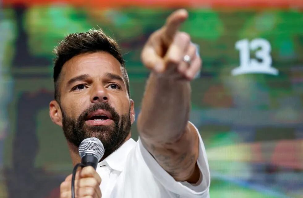 Puerto Rican singer Ricky Martin gestures as he speaks at a news conference during the 61th International Song Festival in Vina del Mar, Chile, February 23, 2020. REUTERS/Rodrigo Garrido