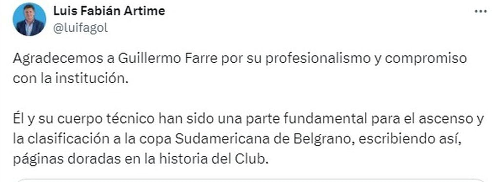 El sentido mensaje de Artime tras la salida de Farré como entrenador de Belgrano.