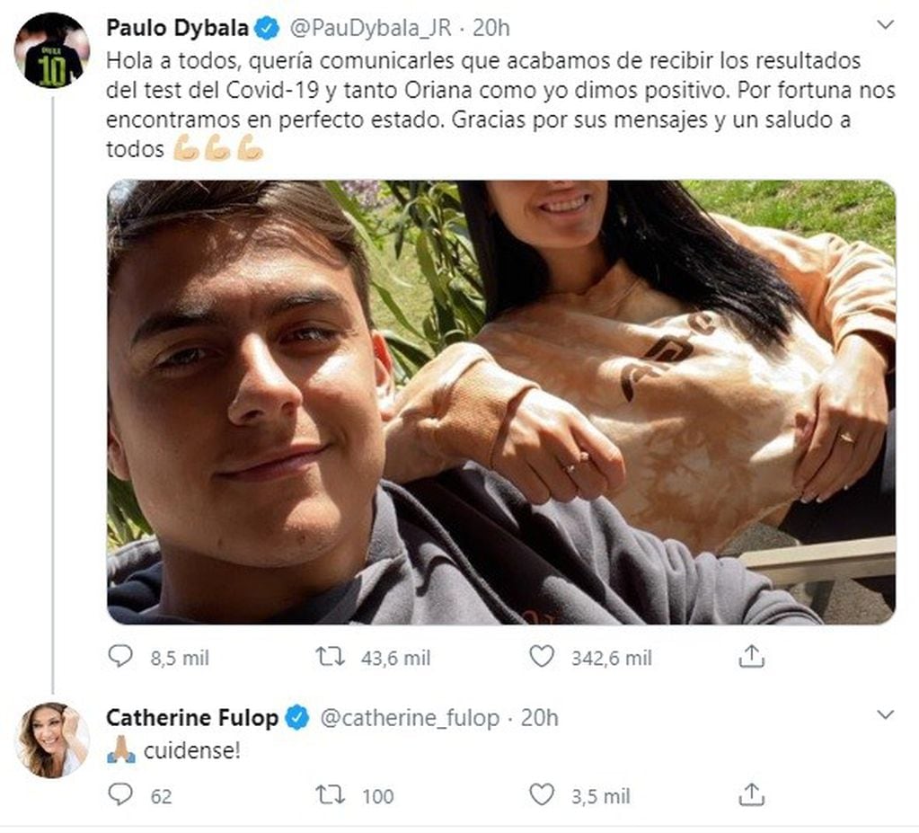 El twit de Paulo Dybala y la respuesta de Cathy Fulop.