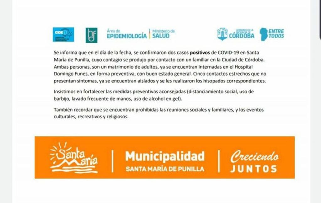 Comunicado emitido por el Municipio de Santa María de Punilla.