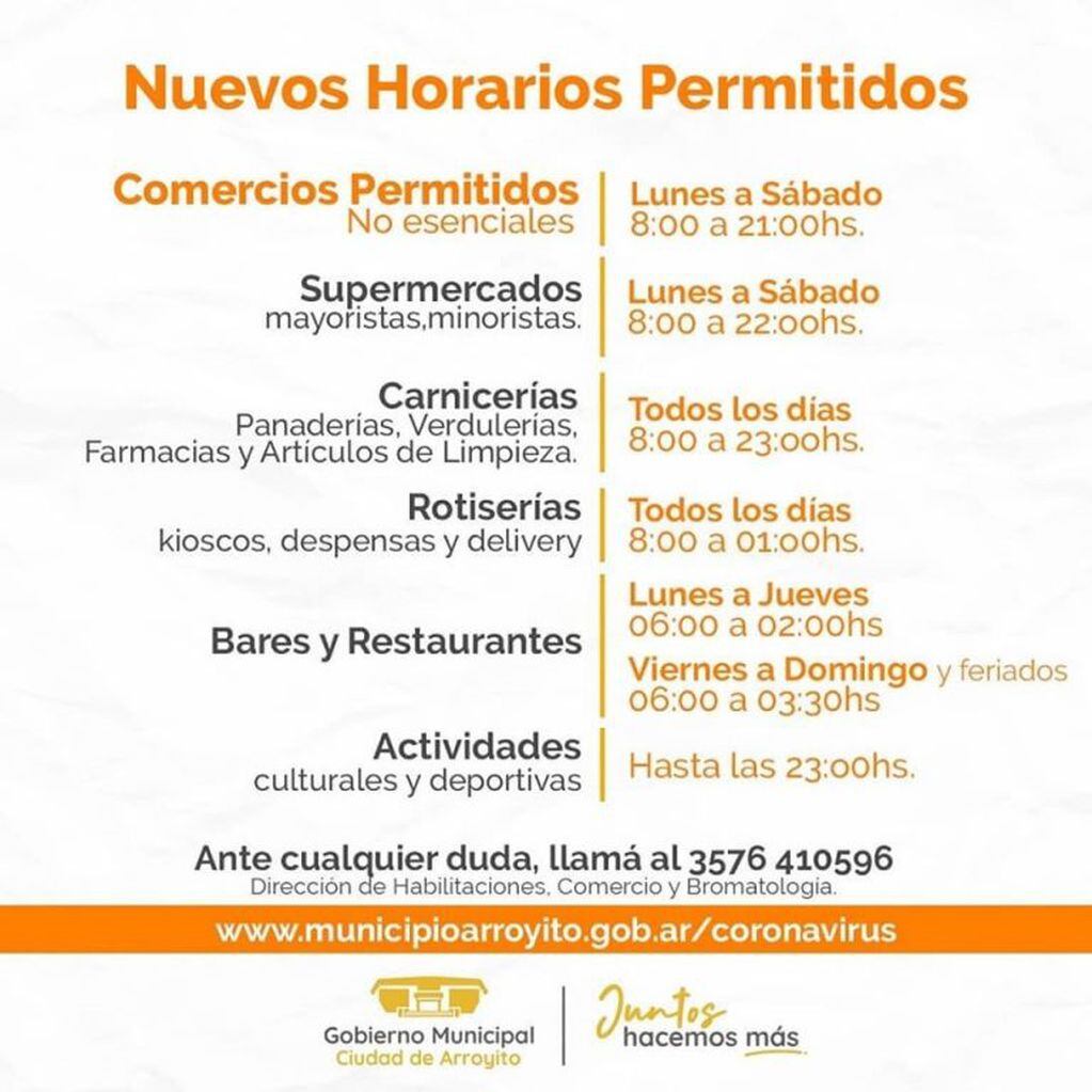Horarios permitidos en Arroyito - Agosto 2020