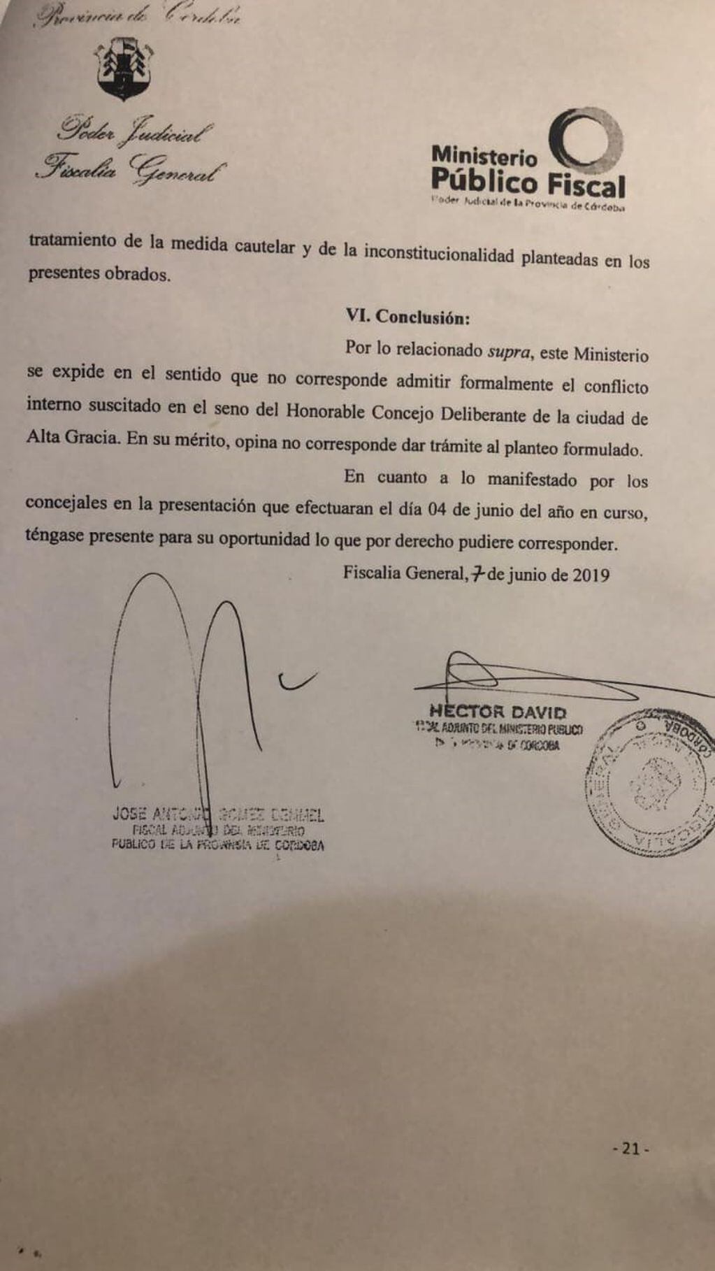 Resolución del Tribunal Superior de Justicia ante la presentación judicial de "Conflicto de poderes" dentro del Concejo Deliberante de Alta Gracia.