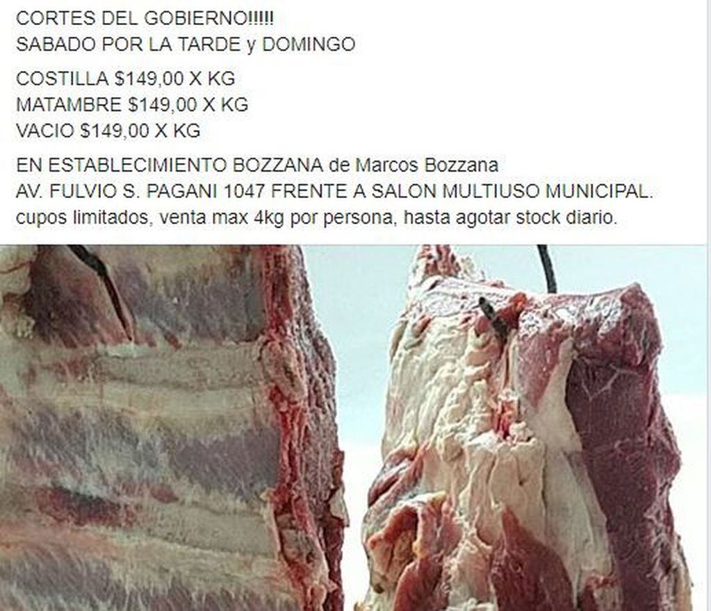 Mateo Bozzana carne a $ 149 en Arroyito